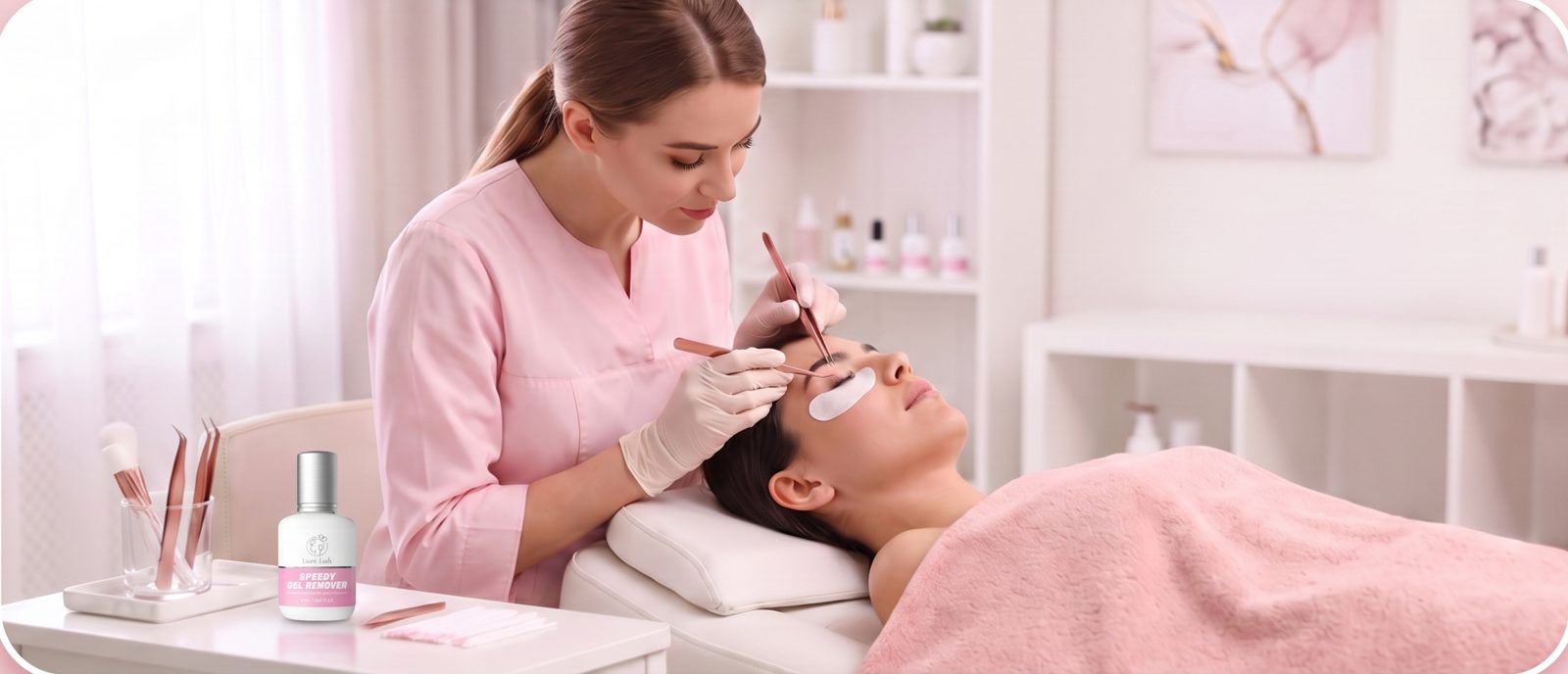 Lash artist applying extensions in a pink salon