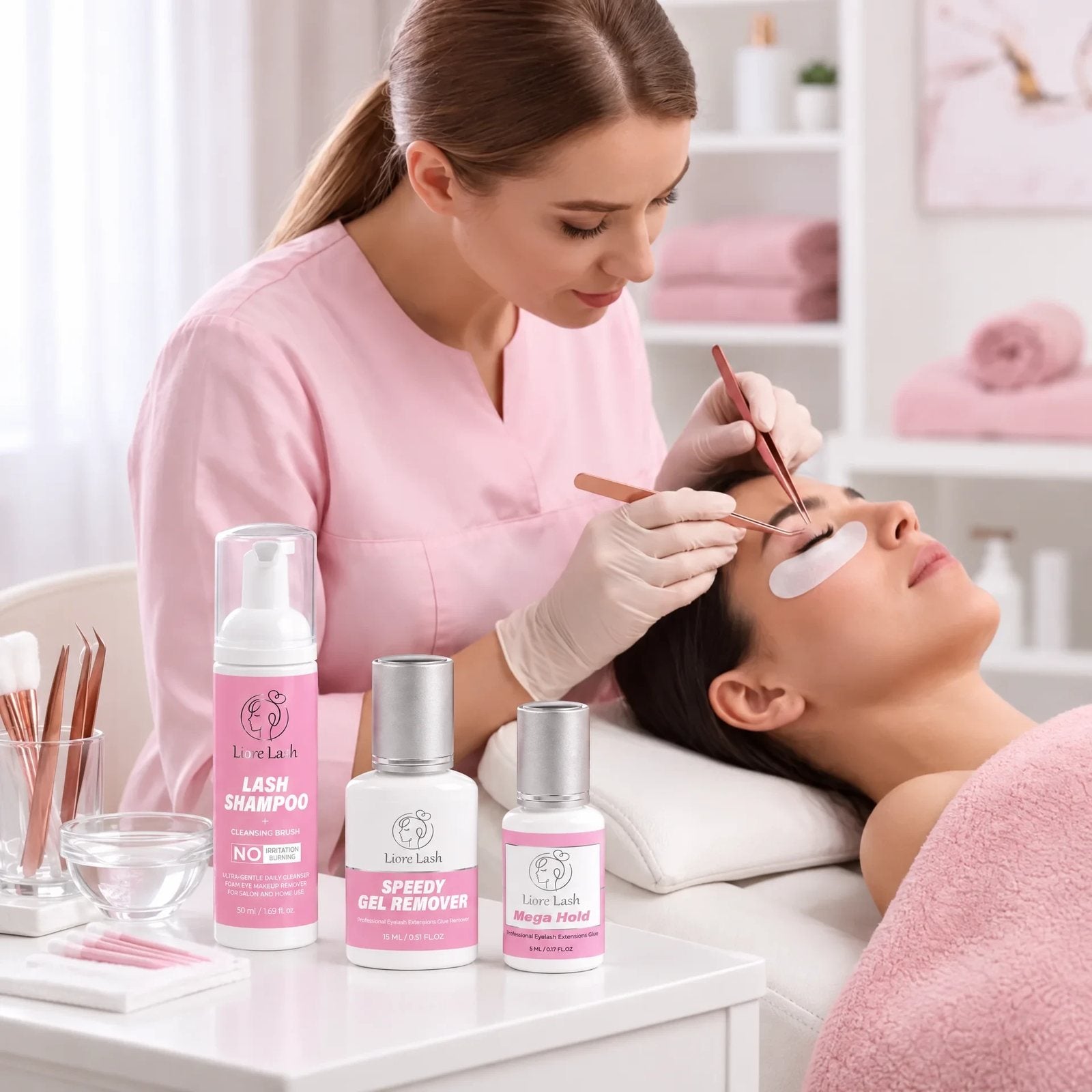 Lash artist applying extensions in a pink salon